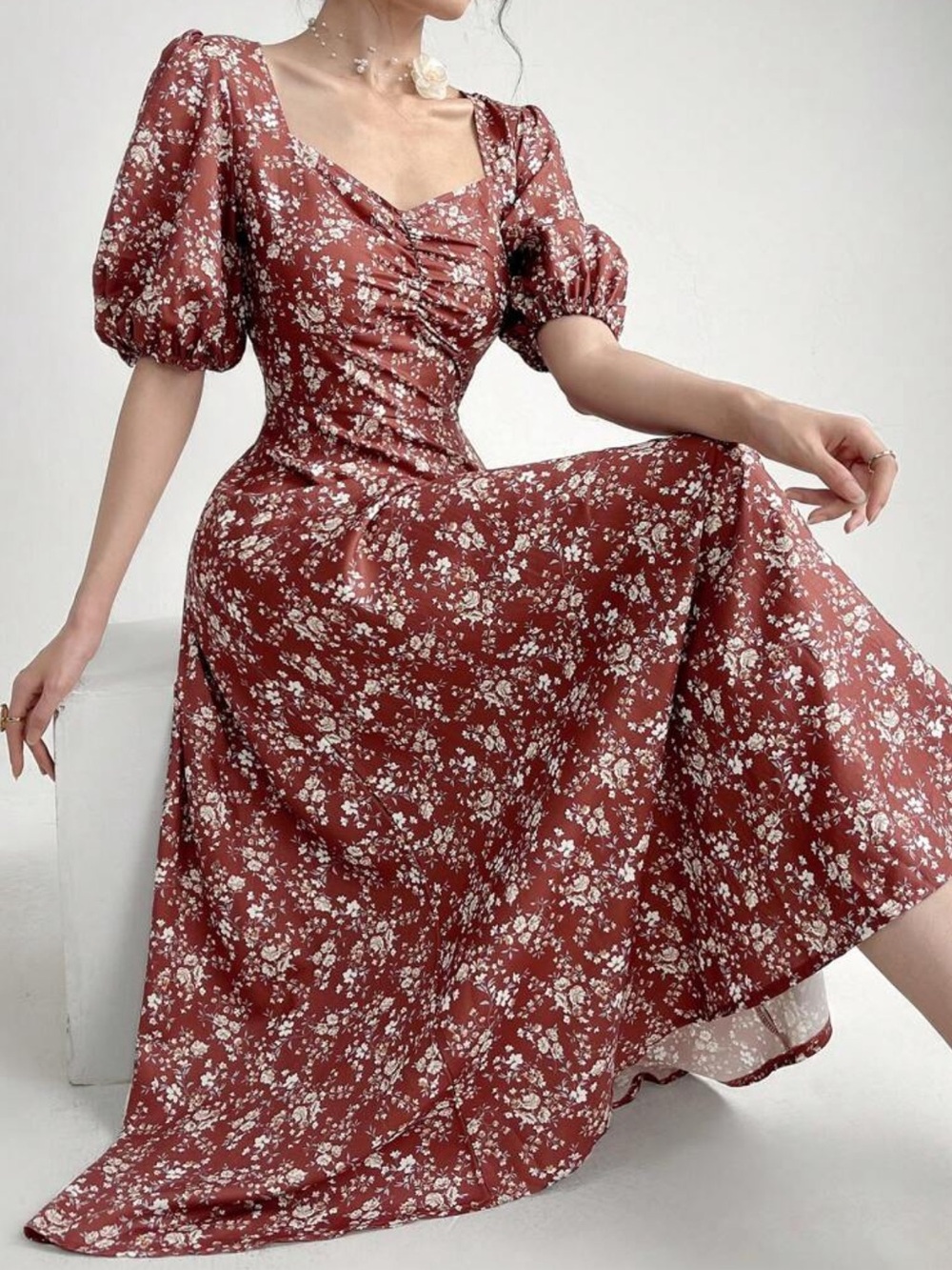 Rust Floral Midi Dress with Puff Sleeves